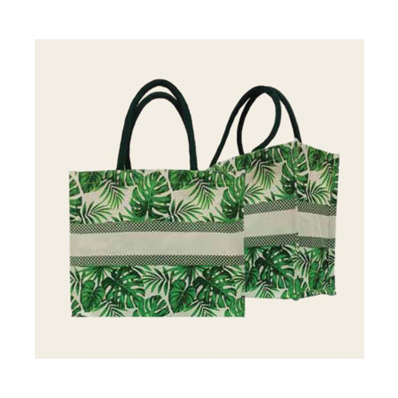 Green Leaf Print - Printed Cotton Bag With Inner Lamination &  Magnetic Closure